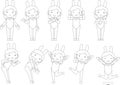 Outline Cute pose of cute bunny girl set