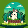 Cute Rabbit Character Inside Basket With Easter Eggs On Grassland With Clouds Against Green Background. Happy Royalty Free Stock Photo