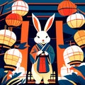 Illustration of a cute rabbit in a kimono and lanterns AI Generated