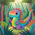 Illustration of cute rainbow dinosaur cartoon in the jungle