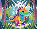 Illustration of cute rainbow dinosaur cartoon in the jungle