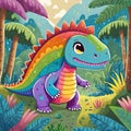 Illustration of cute rainbow dinosaur cartoon in the jungle