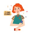 Illustration of a cute red-haired girl with wavy hair. Banner of woman with cosmetic bottles. Portrait of a pensive girl