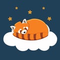 Illustration with cute red panda sleepping on the cloud with a stars. Illustration for banner, sticker and poster for baby rooms