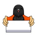 Cute red winged black bird cartoon holding blank sign