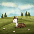 Illustration of a cute roe deer fawn resting on a grass field. Royalty Free Stock Photo