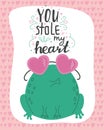 illustration cute romantic frog with lettering You stole my heart. Valentine\'s day concept cartoon characters in love, cute Royalty Free Stock Photo