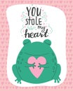 illustration cute romantic frog with lettering You stole my heart. Valentine\'s day concept cartoon characters in love, cute Royalty Free Stock Photo