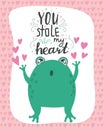 illustration cute romantic frog with lettering You stole my heart. Valentine\'s day concept cartoon characters in love, cute Royalty Free Stock Photo