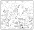 Illustration of cute rooster in the morning farm. Coloring book for children and adults. Image in zentangle style. Domestic