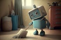 An illustration of a cute sad robot sweeping the floor at home