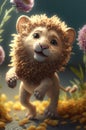 illustration of cute smiling baby lion on the field with flowers