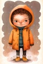 Illustration of a cute smiling cartoon little boy in a raincoat and boots under rain