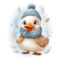 Illustration of a cute smiling duck in a knitted hat and scarf on white