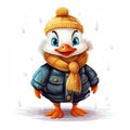 Illustration of a cute smiling duck in a knitted hat and scarf on white