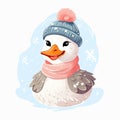 Illustration of a cute smiling duck in a knitted hat and scarf on white