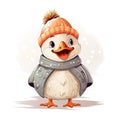 Illustration of a cute smiling duck in a knitted hat and scarf on white