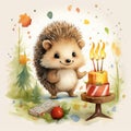 Illustration of a cute smiling hedgehog with a birthday cake.