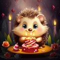 Illustration of a cute smiling hedgehog with a birthday cake.