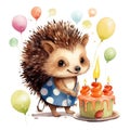 Illustration of a cute smiling hedgehog with a birthday cake.