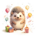 Illustration of a cute smiling hedgehog with gifts around.