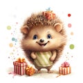 Illustration of a cute smiling hedgehog with gifts around