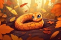 Illustration of a cute smiling snake among autumn leaves, depicting 2025 year of the snake calendar.