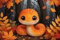 Illustration of a cute smiling snake among autumn leaves, depicting the 2025 year of snake calendar.