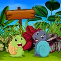 The cute snails play in the garden with the happy face Royalty Free Stock Photo