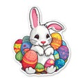 Illustration of a cute sticker rabbit with colorful Easter eggs against a bright background