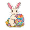 Illustration of a cute sticker rabbit with colorful Easter eggs against a bright background