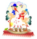 Illustration of cute stork family with father, mother and babies in the nest. Cover for kids fairy tale book.