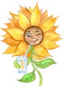 Illustration with a cute sunflower drinking a soft drink