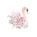 Illustration of a cute swan with flowers and leaves decoration. Watercolor. Royalty Free Stock Photo