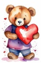 illustration of cute teddy bear holding big red heart, St Valentine\'s day watercolor greeting card Royalty Free Stock Photo