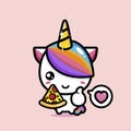 Cute unicorn animal cartoon character holding a slice of pizza