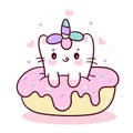 Illustration Cute Unicorn cat cartoon pony child vector sweet donut yummy dessert food: Kawaii animal, Doodle style Nursery decor Royalty Free Stock Photo