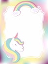 Illustration with cute unicorn, rainbow, clouds on colored background. It can be used like card or invitation or in print and Royalty Free Stock Photo