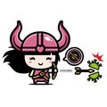 Cute viking girl cartoon character fighting virus with bow