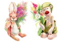 Illustration of cute watercolor bunny toy and teddy bear isolated on white background for kid birthday card, poster or Royalty Free Stock Photo