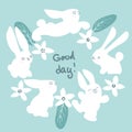 an illustration with cute white bunnies and flowers.