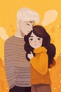 Illustration of a cute white teenage couple in sweaters hugging