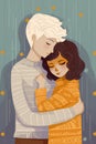 Illustration of a cute white teenage couple in sweaters hugging