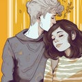 Illustration of a cute white teenage couple in sweaters hugging