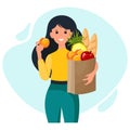 Illustration, cute woman with a package of groceries. Healthy food concept. Clip art, banner Royalty Free Stock Photo