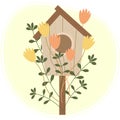 Illustration, cute wooden birdhouse in flowers, tulips and branches with leaves Pastel colors. Icon Royalty Free Stock Photo