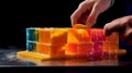 Illustration of cutting a large block of multicolored soap into rectangular pieces.