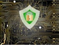 Illustration of cyber security with motherboard of computer