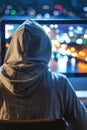 Illustration of cybercriminal at computer, depicting dark web hacking and system intrusion concept