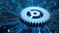 Illustration cybersecurity tech with gear wheel on circuit board, digital technology, engineering on blue background. Hi-tech Royalty Free Stock Photo